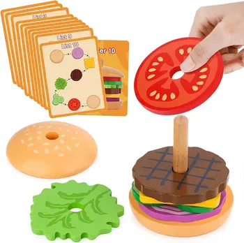 Монтессори Деревянный Бургер, Цветная математическая игрушка, математическая форма, мелкая моторика для малышей и детей дошкольного возраста, развивающая игрушка для подбора еды