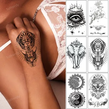 маленькая татуировка на руке, поддельная водонепроницаемая черная паста из хны, эскизы татуировок, лев, волк, тигр, олень, аниме, татуировка временного переноса