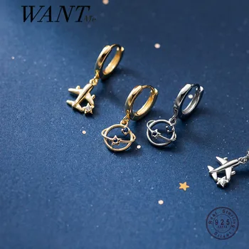 WANTME, натуральное серебро 925 пробы, модные корейские очаровательные серьги-гвоздики Plane Planet для женщин, вечерние облегающие серьги, ювелирные изделия