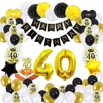 51 шт./компл. 40 Украшений на день рождения, черные и золотые воздушные шары 40 лет, Баннер С Днем Рождения, Бумажные помпоны Для взрослых, декор для вечеринки