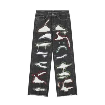 Уличная одежда Demin Jeans Брюки Мужские Рваные Аниме Забавная вышивка Рваный Матовый графический Черный Y2k Промытые джинсы в стиле панк-панк