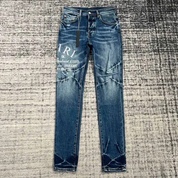 мужские потертые узкие синие джинсы