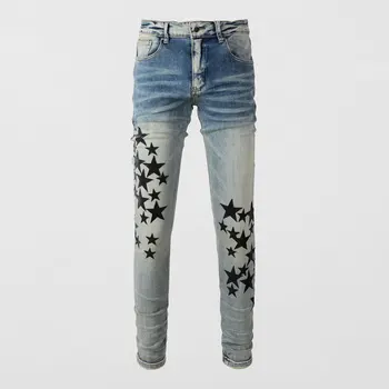 Уличная мода; Мужские Джинсы в стиле ретро; Выстиранные Синие Обтягивающие джинсы-стрейч; Мужские Кожаные Дизайнерские брюки в стиле хип-хоп с нашивками в виде звезд