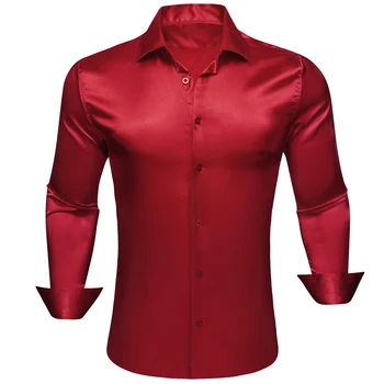 Роскошные Шелковые Рубашки для Мужчин, Атласные, Красные, Бордовые, Однотонные, С Длинным Рукавом, Тонкая Мужская Блузка, Повседневные Формальные Топы, Дышащие Barry Wang