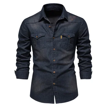 Мужская Джинсовая рубашка Высокого Качества, Эластичная Хлопчатобумажная рубашка с длинным рукавом, Черная Повседневная Приталенная одежда, темно-синяя Мужская Модная рубашка 2023