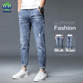 Высококачественные Брендовые Осенние джинсы из эластичного хлопка с дырками, мужские Джинсы длиной до щиколотки, Уличная одежда, Дизайнерские Джинсовые брюки, Корейские повседневные брюки, мужские