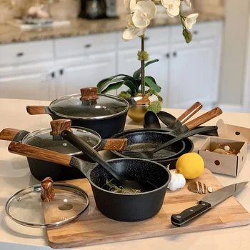 Набор посуды с антипригарным покрытием из 12 предметов, кастрюли и сковородки из литого алюминия, черный