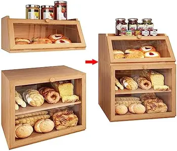 Двойная разделяемая бамбуковая хлебница для хранения с прозрачным окошком и регулируемым отделением для кухонной столешницы, натуральная